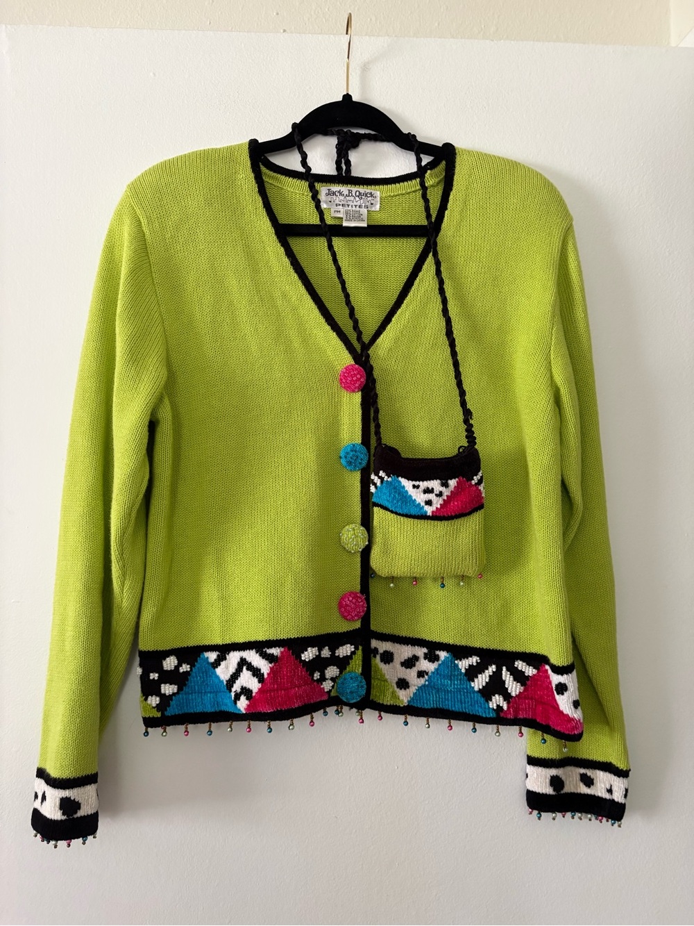 Jack B Quick Petite Medium Lime Green Beaded Cardigan Sweater Matching Purse Se
